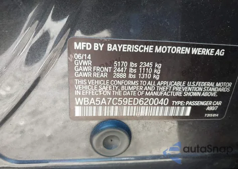 2014 BMW 528I xDrive из США, поврежденный, VIN WBA5A7C59ED620040